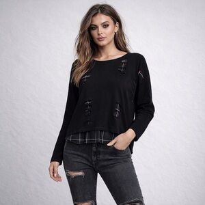 Generation Love x Revolve Destroyed Pullover Layered Top Black Plaid Grunge M